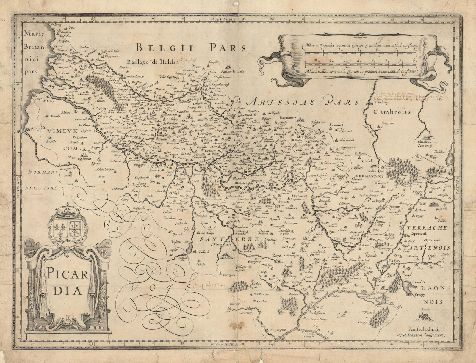 Picardia. Picardy. Somme department & adjacent areas by Janssonius c1631 map